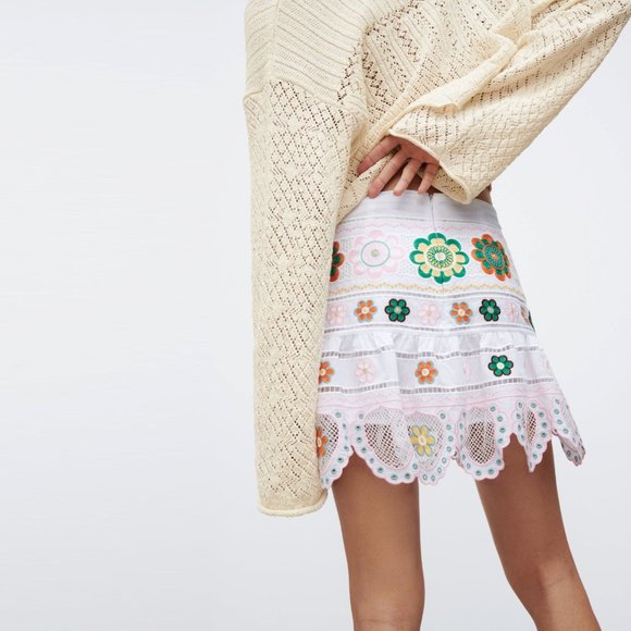 ZARA Embroidered Cotton Floral Tiered Mini Skirt, Skort- Size XS - Picture 7 of 14
